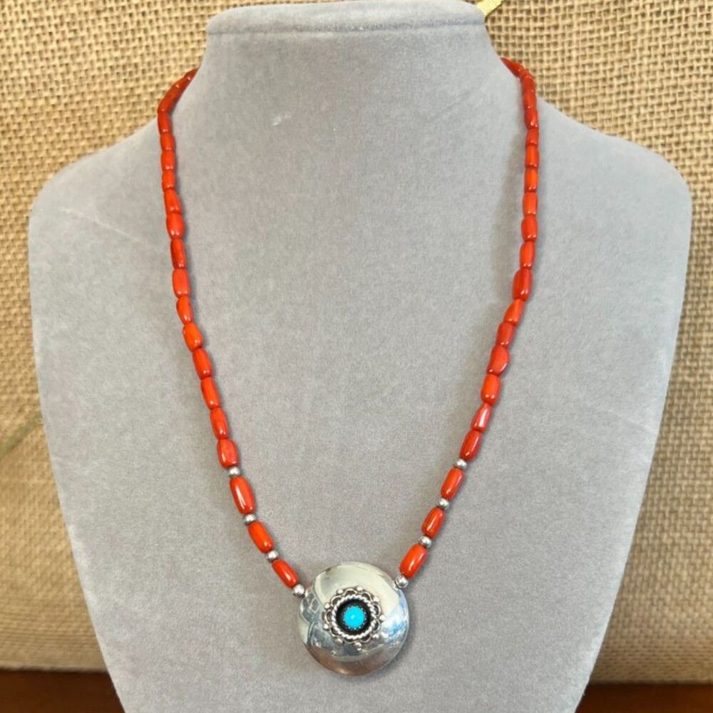 Coral Necklace with Turquoise Sterling Silver 925 Pendant